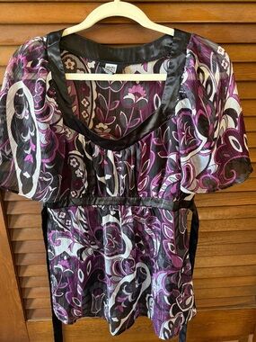 Studio 1940 Purple Floral Sheer Blouse with Black Trim